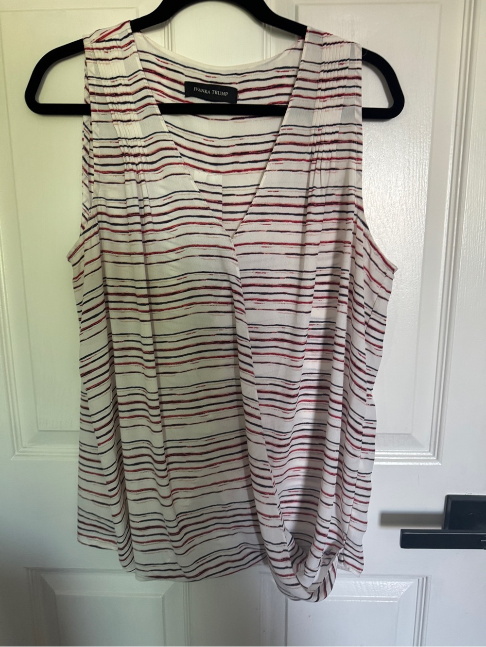 Ivanka Trump White Sleeveless V-Neck Tank with Red and Black Stripes